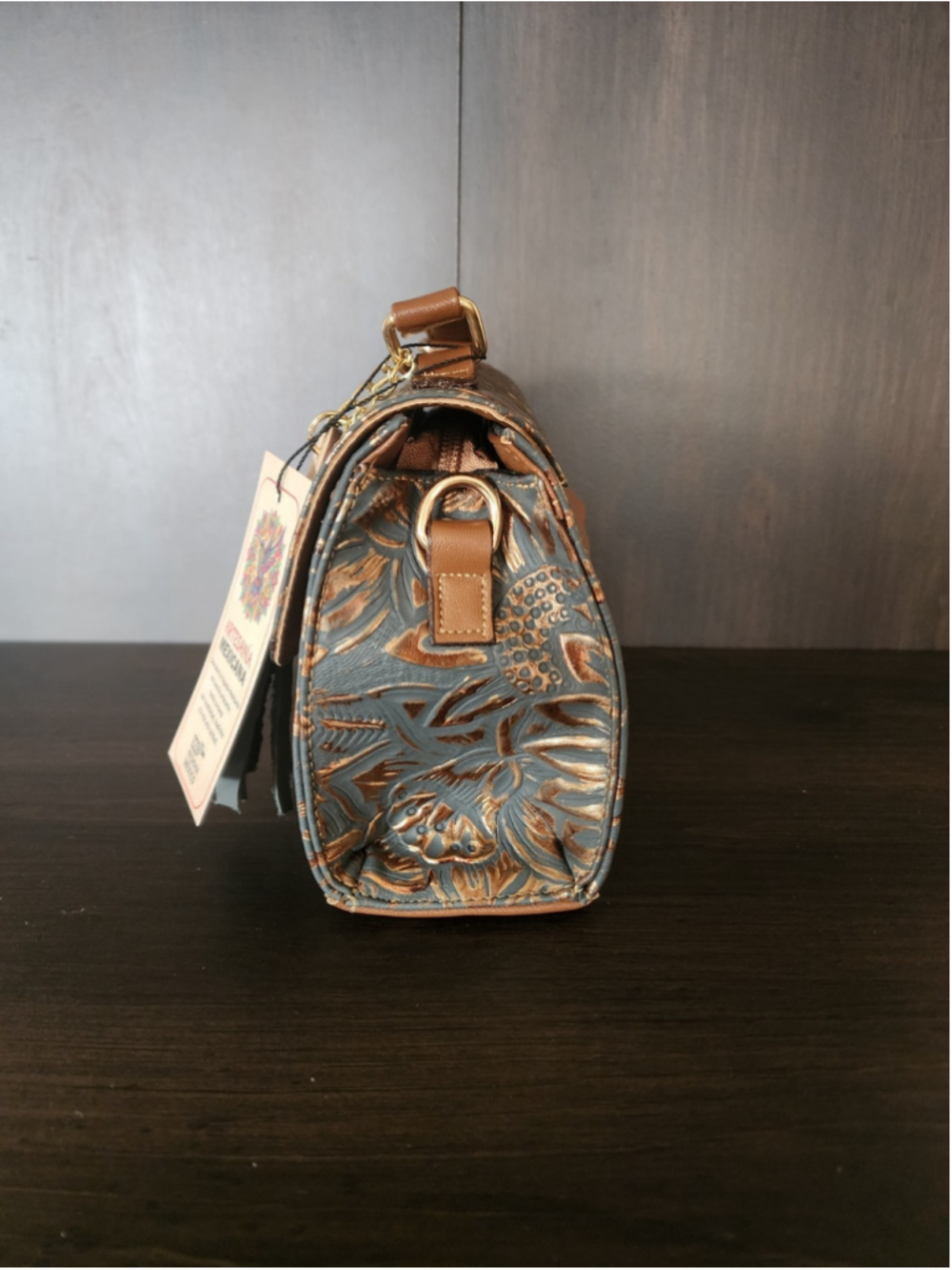 Grayish Navy Blue GOLD Sunflower Embossed Tooled Artisan Leather Crossbody Purse - Picture 8 of 16